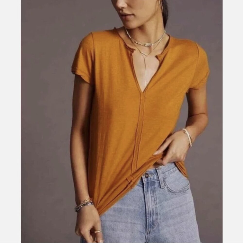 Anthropologie Pilcro Rusty Orange Short Sleeve Spliced-Neck Tee
